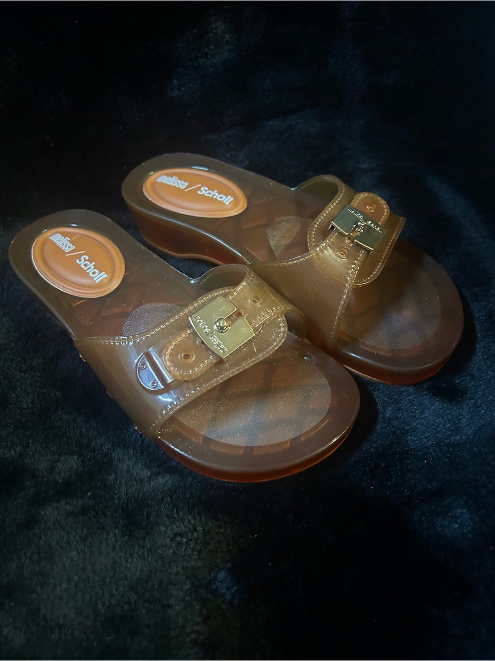 Melissa Clear Brown Jelly Slide Sandals with Gold Buckle